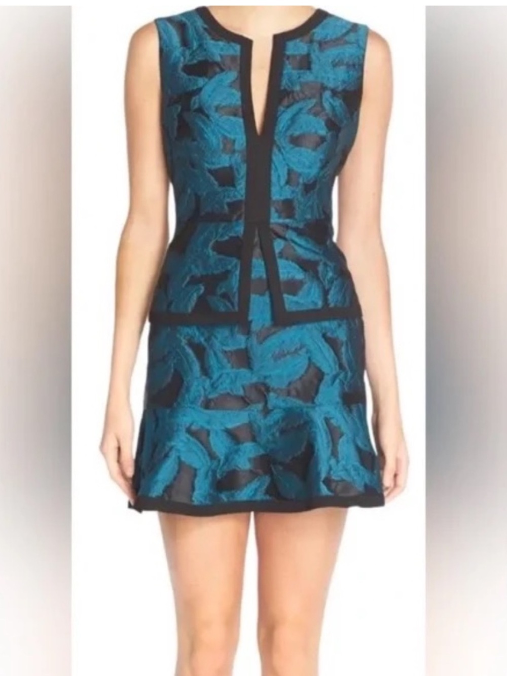 BCBGMaxAzria Teal and Black Textured Sleeveless Mini Dress